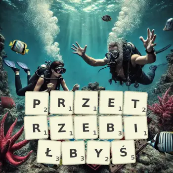 Kreatywna ilustracja do gry w Scrabble ze słowem PRZETRZEBIŁBYŚ ułożonym z płytek na planszy.