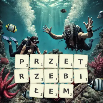 Kreatywna ilustracja do gry w Scrabble ze słowem PRZETRZEBIŁEM ułożonym z płytek na planszy.