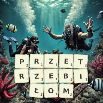 Kreatywna ilustracja do gry w Scrabble ze słowem PRZETRZEBIŁOM ułożonym z płytek na planszy.
