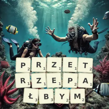 Kreatywna ilustracja do gry w Scrabble ze słowem PRZETRZEPAŁBYM ułożonym z płytek na planszy.