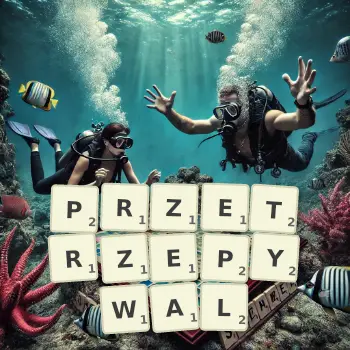 Kreatywna ilustracja do gry w Scrabble ze słowem PRZETRZEPYWAL ułożonym z płytek na planszy.