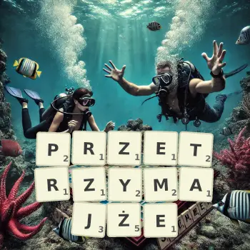Kreatywna ilustracja do gry w Scrabble ze słowem PRZETRZYMAJŻE ułożonym z płytek na planszy.