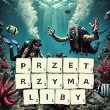 Kreatywna ilustracja do gry w Scrabble ze słowem PRZETRZYMALIBY ułożonym z płytek na planszy.