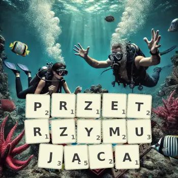 Kreatywna ilustracja do gry w Scrabble ze słowem PRZETRZYMUJĄCA ułożonym z płytek na planszy.