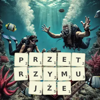 Kreatywna ilustracja do gry w Scrabble ze słowem PRZETRZYMUJŻE ułożonym z płytek na planszy.