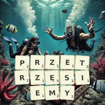 Kreatywna ilustracja do gry w Scrabble ze słowem PRZETRZĘSIEMY ułożonym z płytek na planszy.
