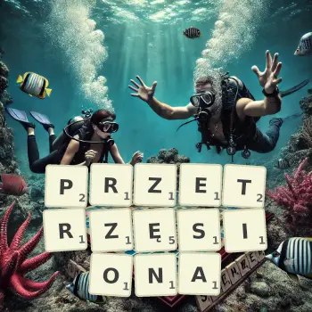 Kreatywna ilustracja do gry w Scrabble ze słowem PRZETRZĘSIONA ułożonym z płytek na planszy.