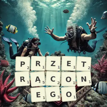 Kreatywna ilustracja do gry w Scrabble ze słowem PRZETRĄCONEGO ułożonym z płytek na planszy.