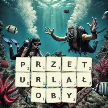 Kreatywna ilustracja do gry w Scrabble ze słowem PRZETURLAŁOBY ułożonym z płytek na planszy.