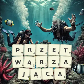 Kreatywna ilustracja do gry w Scrabble ze słowem PRZETWARZAJĄCA ułożonym z płytek na planszy.