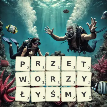 Kreatywna ilustracja do gry w Scrabble ze słowem PRZETWORZYŁYŚMY ułożonym z płytek na planszy.