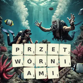 Kreatywna ilustracja do gry w Scrabble ze słowem PRZETWÓRNIAMI ułożonym z płytek na planszy.
