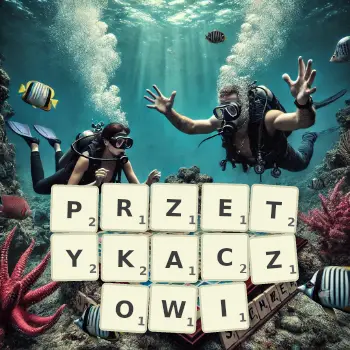 Kreatywna ilustracja do gry w Scrabble ze słowem PRZETYKACZOWI ułożonym z płytek na planszy.