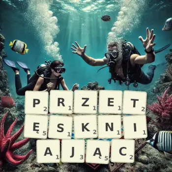 Kreatywna ilustracja do gry w Scrabble ze słowem PRZETĘSKNIAJĄC ułożonym z płytek na planszy.
