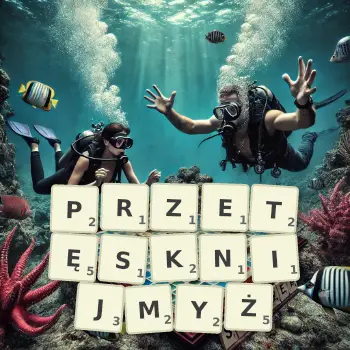Kreatywna ilustracja do gry w Scrabble ze słowem PRZETĘSKNIJMYŻ ułożonym z płytek na planszy.