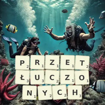 Kreatywna ilustracja do gry w Scrabble ze słowem PRZETŁUCZONYCH ułożonym z płytek na planszy.