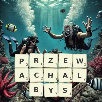 Kreatywna ilustracja do gry w Scrabble ze słowem PRZEWACHALBYS ułożonym z płytek na planszy.