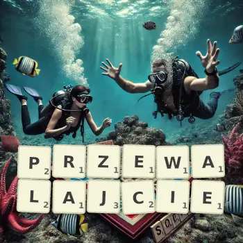 Kreatywna ilustracja do gry w Scrabble ze słowem PRZEWALAJCIE ułożonym z płytek na planszy.