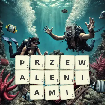 Kreatywna ilustracja do gry w Scrabble ze słowem PRZEWALENIAMI ułożonym z płytek na planszy.