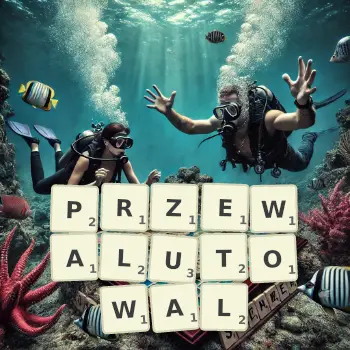 Kreatywna ilustracja do gry w Scrabble ze słowem PRZEWALUTOWAL ułożonym z płytek na planszy.