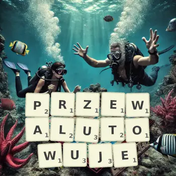 Kreatywna ilustracja do gry w Scrabble ze słowem PRZEWALUTOWUJE ułożonym z płytek na planszy.