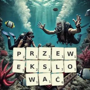 Kreatywna ilustracja do gry w Scrabble ze słowem PRZEWEKSLOWAĆ ułożonym z płytek na planszy.