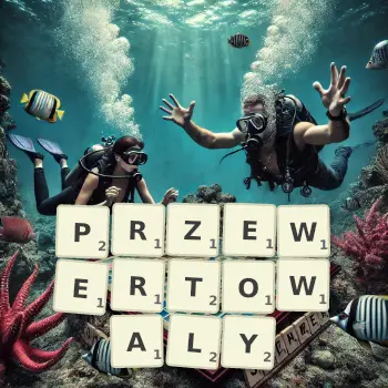 Kreatywna ilustracja do gry w Scrabble ze słowem PRZEWERTOWALY ułożonym z płytek na planszy.