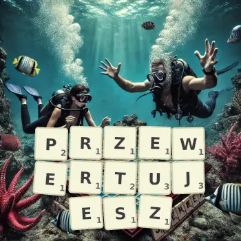 Kreatywna ilustracja do gry w Scrabble ze słowem PRZEWERTUJESZ ułożonym z płytek na planszy.