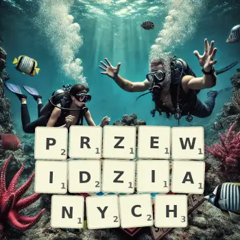 Kreatywna ilustracja do gry w Scrabble ze słowem PRZEWIDZIANYCH ułożonym z płytek na planszy.