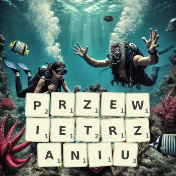 Kreatywna ilustracja do gry w Scrabble ze słowem PRZEWIETRZANIU ułożonym z płytek na planszy.
