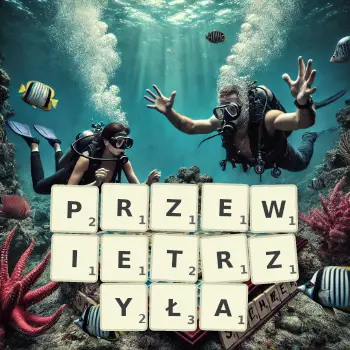 Kreatywna ilustracja do gry w Scrabble ze słowem PRZEWIETRZYŁA ułożonym z płytek na planszy.