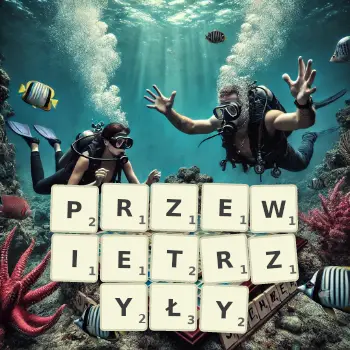 Kreatywna ilustracja do gry w Scrabble ze słowem PRZEWIETRZYŁY ułożonym z płytek na planszy.