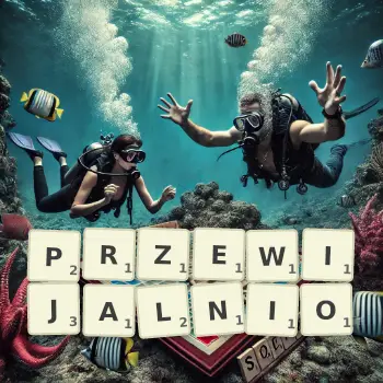 Kreatywna ilustracja do gry w Scrabble ze słowem PRZEWIJALNIO ułożonym z płytek na planszy.