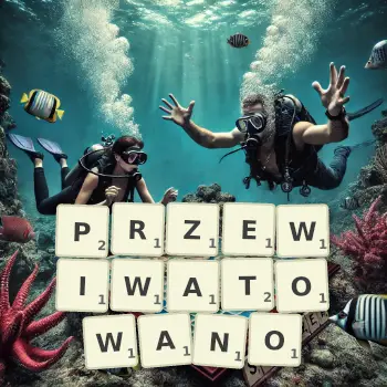 Kreatywna ilustracja do gry w Scrabble ze słowem PRZEWIWATOWANO ułożonym z płytek na planszy.