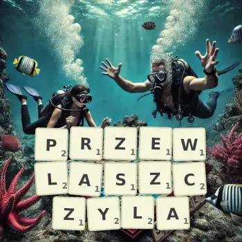 Kreatywna ilustracja do gry w Scrabble ze słowem PRZEWLASZCZYLA ułożonym z płytek na planszy.