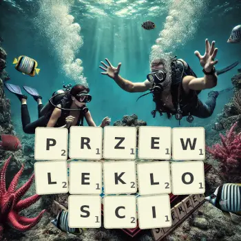 Kreatywna ilustracja do gry w Scrabble ze słowem PRZEWLEKLOSCI ułożonym z płytek na planszy.