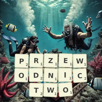 Kreatywna ilustracja do gry w Scrabble ze słowem PRZEWODNICTWO ułożonym z płytek na planszy.