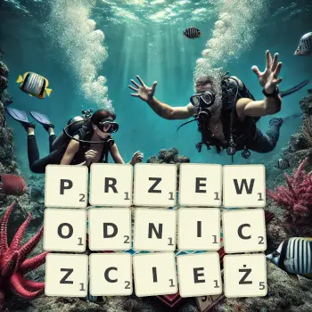 Kreatywna ilustracja do gry w Scrabble ze słowem PRZEWODNICZCIEŻ ułożonym z płytek na planszy.