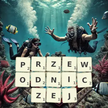 Kreatywna ilustracja do gry w Scrabble ze słowem PRZEWODNICZEJ ułożonym z płytek na planszy.