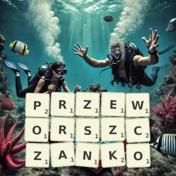 Kreatywna ilustracja do gry w Scrabble ze słowem PRZEWORSZCZANKO ułożonym z płytek na planszy.