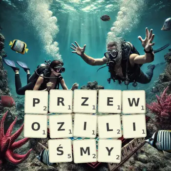Kreatywna ilustracja do gry w Scrabble ze słowem PRZEWOZILIŚMY ułożonym z płytek na planszy.