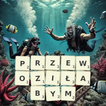 Kreatywna ilustracja do gry w Scrabble ze słowem PRZEWOZIŁABYM ułożonym z płytek na planszy.
