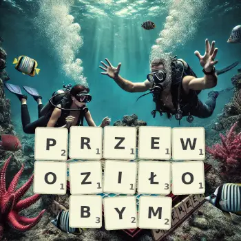 Kreatywna ilustracja do gry w Scrabble ze słowem PRZEWOZIŁOBYM ułożonym z płytek na planszy.