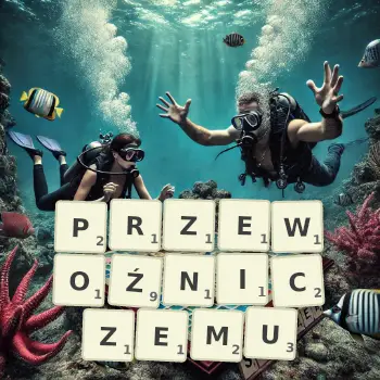 Kreatywna ilustracja do gry w Scrabble ze słowem PRZEWOŹNICZEMU ułożonym z płytek na planszy.