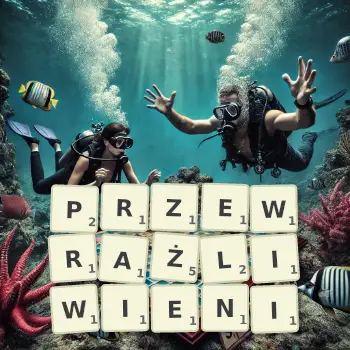 Kreatywna ilustracja do gry w Scrabble ze słowem PRZEWRAŻLIWIENI ułożonym z płytek na planszy.