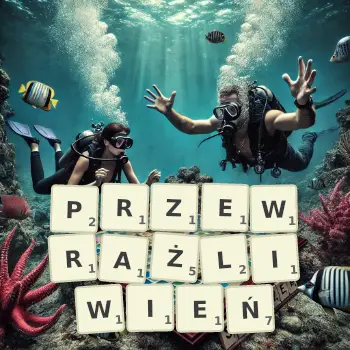 Kreatywna ilustracja do gry w Scrabble ze słowem PRZEWRAŻLIWIEŃ ułożonym z płytek na planszy.