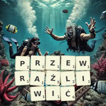 Kreatywna ilustracja do gry w Scrabble ze słowem PRZEWRAŻLIWIĆ ułożonym z płytek na planszy.