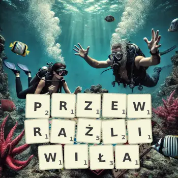 Kreatywna ilustracja do gry w Scrabble ze słowem PRZEWRAŻLIWIŁA ułożonym z płytek na planszy.