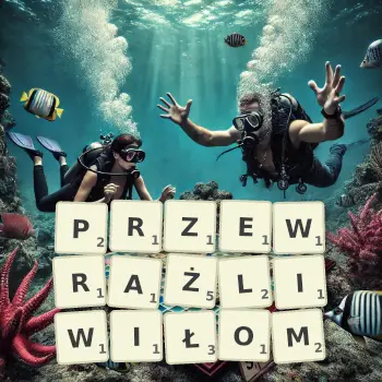 Kreatywna ilustracja do gry w Scrabble ze słowem PRZEWRAŻLIWIŁOM ułożonym z płytek na planszy.