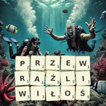Kreatywna ilustracja do gry w Scrabble ze słowem PRZEWRAŻLIWIŁOŚ ułożonym z płytek na planszy.